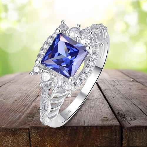 J.C Princess Cut Tanzanite & White Topaz 925 Sterling Silver Ring Size 6 7 8 9 Women Blue Wedding Fine Jewelry Gift