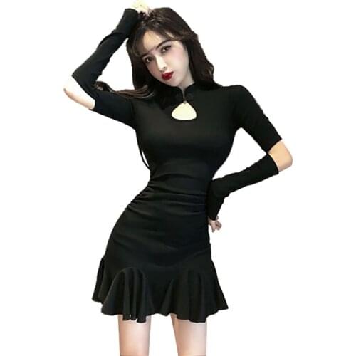 Womens Sexy Fishtail Bodycon Mini Dress Elbow Hollowed Long Sleeve Mandarin Collar Chinese Cheongsam Style Short Dress Club