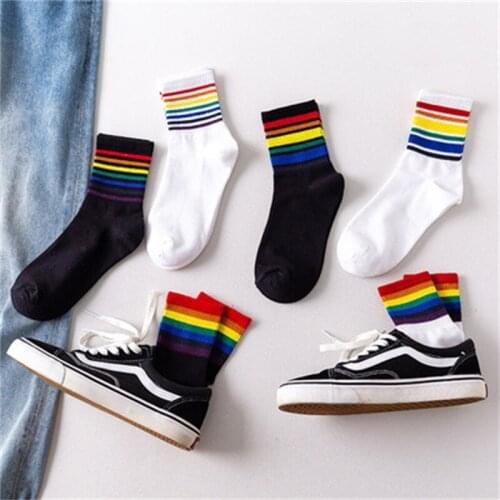 1 Pair Fashion Socks Cotton Rainbow Stripes Christmas Gift Classic Warm Casual Tide Funny Cute Pop Korean Socks for Women