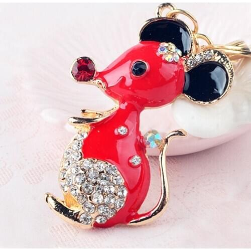 Chinese Zodiac Red Enamel Money Mice Key Holder Lucky Wealth Attractive Mouse 2020 Crystal Keychain Animal Jewelry Women Gift