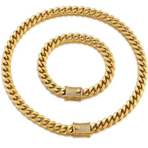 10mm Stainless Steel Miami Curb Cuban Chain Necklace Boys Men Gold Color Hip hop Dragon Lock Clasp Link Jewelry 18 K Bracelet