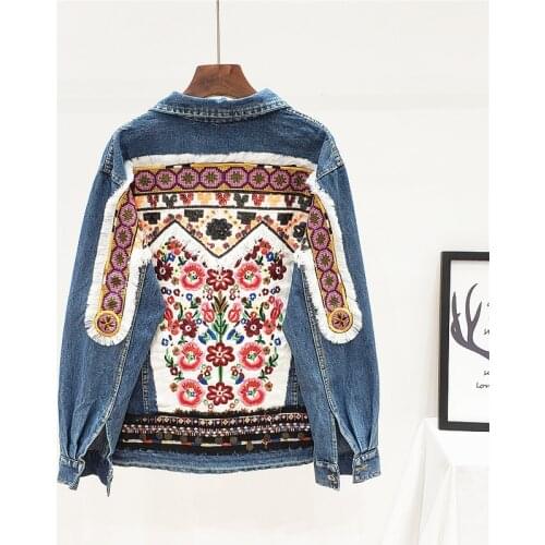 Boho Sequins Embroidery Flowers Blue Jeans Jacket Women Long sleeve Outwear Vintage Loose Casual Short Denim Jacket Coat Female