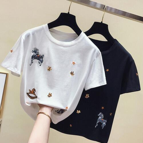 Embroidery T Shirt 2019 Summer White Black Harajuku Tshirt Women Plus Size Cotton T-Shirts Funny Short Sleeve Tee Shirt Femme