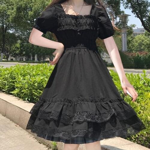 Japanese Harajuku Summer Women Black Mini Dress Square Collar High Waist Puff Sleeve Dress Gothic Lace Ruffles Cosplay Dresses