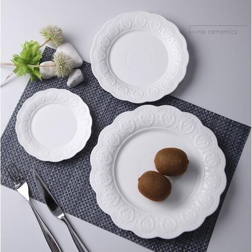 3pcs set, 6+8+10inch, white embossed porcelain kitchen plates, crown design, ceramic plate nordic, serving plate dinner set