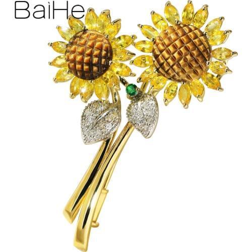 BAIHE Solid 14K White+Yellow Gold Natural Diamonds+Tigers eye+Tsavorite+Yellow Sapphirs Fine Jewelry Sun flower Pendant брошь