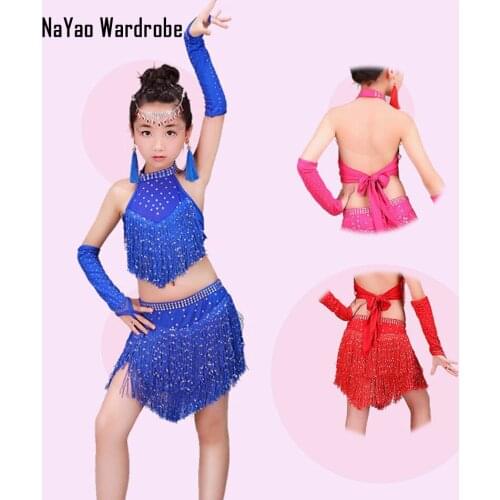 2020 New Sleeveless Sequins Bare Back Kids Girl Latin Dance Dress OversleeveBelly Ballroom Samba Tango Dancing Cloth CL01