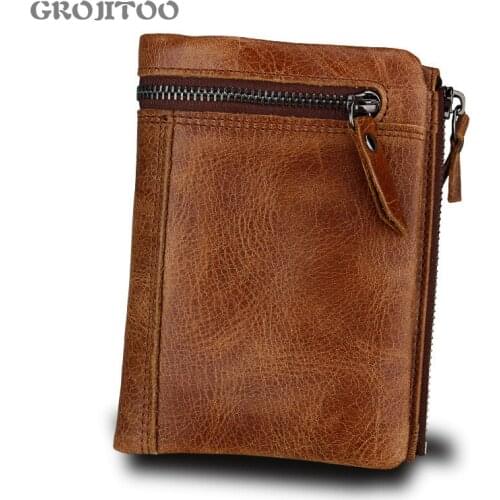 GROJITOO New Crazy horse leather anti-theft brush mens wallet short Men Wallet Genuine Leather silm vintage zip Coin Pocket