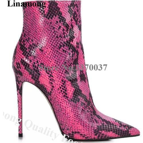 Linamong Sexy Pointed Toe Snake Leather Stiletto Heel Short Boots Zipper-up High Heel Ankle Booties Customize Colors Shoes