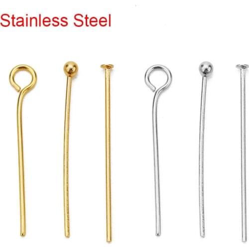 100pcs Stainless Steel Flat Eye Head Pins Bulk 20mm 30mm 40mm Gold Color Ball Bead Headpins Connector For Earring Jewelry Making