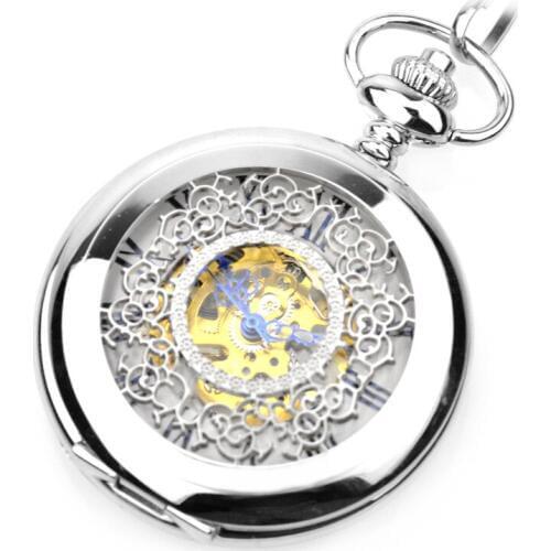 Silver Steampunk Skeleton Pocket Watch Mechanical Hand Wind Pocket & Fob Watches Womens Pocket Watch Pendant relogio de bolso