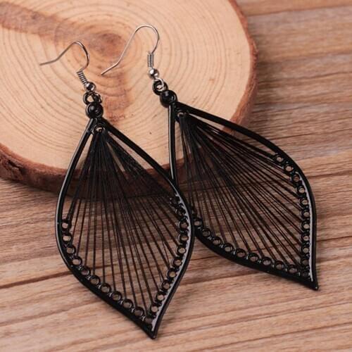 Handmade Leaf Earring Charm Black Thread Geometric Leaf Long Drop Earring For Women Wedding Party Jewelry Valentine Gift