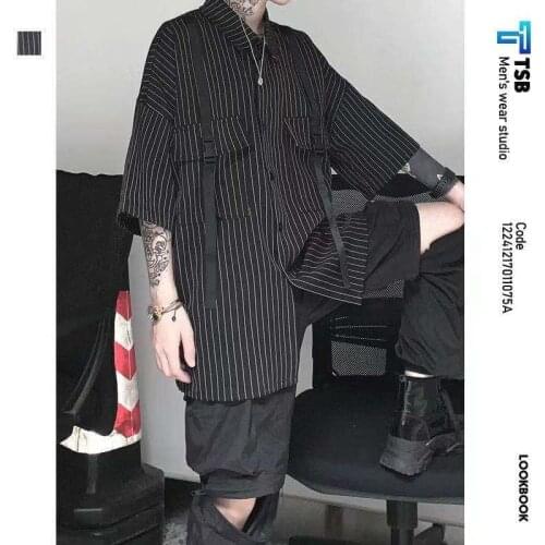 Streetwear Dark Black Color Stripe Shirts Functional Working Clothes Short Sleeve Shirt Mens Ribbon Design Loose Clothes M-2XL
