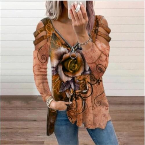 Women Rose Print T-shirt Casual Long Cut Out Sleeve Zipper V-neck Pullover Off Shoulder Hollow Loose Tube Top Long Sleeve Blouse