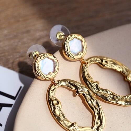Women oval drop button baroque pearl earrings, fashion gold plated jewelry
