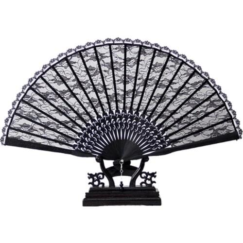 Womens cheongsam dance dance small folding fan black lace antique fan Chinese classical double-sided retro fan