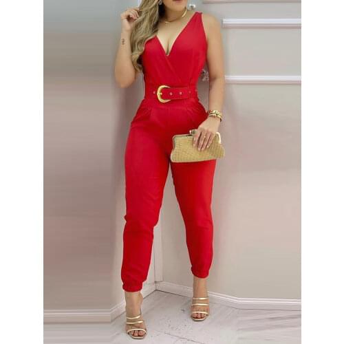 Women Fashion Elegant Sleeveless Partywear Jumpsuits Formal Office Lady WorkWear Casual V Neck Belted Jumpsuit