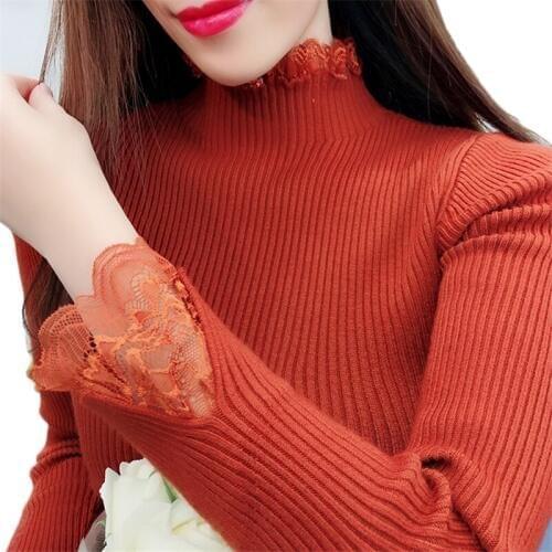 Women Turtleneck Sweater Jumper 2018New Fashion Lace Panel High Elastic Knit Pullover Sweater Female Bottoming Shirt Clothing 80
