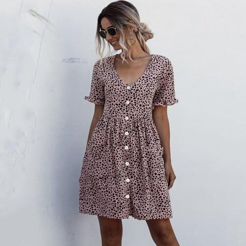 Female Short Sleeve Polka Dot Printed Buttoned Pocket Dress Women Fashion V Neck A-Line Pocket Mini Dress Vestido 2021 Summer