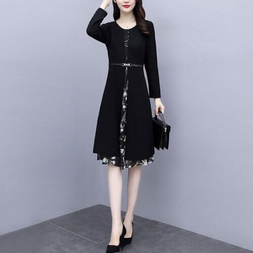 New Plus Size 2020 Womens Dress Autumn O-neck Floral Chiffon Dress Women Fashion Casual Loose Black Vestidos Mujer Elegant Q267