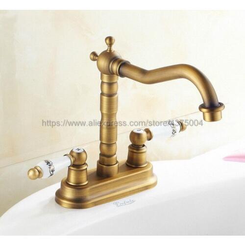 Antique Brass Basin Vanity Sink Faucet Double Handle Bathroom Mixer Deck Mounted 2 Holes Swivel Spout Faucet Nnf323