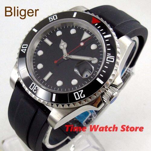 Bliger 40mm japan Miyota 8215 automatic watch men sapphire glass waterproof black dial ceramic bezel rubber strap date indicator