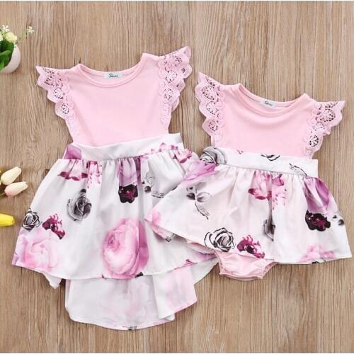 Floral Lace Fly Sleeve Rompers Dress Little Big Sisters Matching Outfits Toddler Kids Girl Newborn Baby Sisters Sundress Clothes