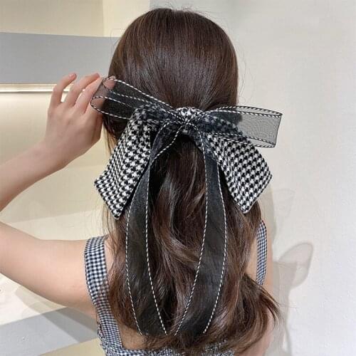 Oversize Houndstooth Hair Clips Ribbon Mesh Plaids Stream Hair Bows Long Tassel Bowknot Hairpin Women Grip Hair Style Barrettes