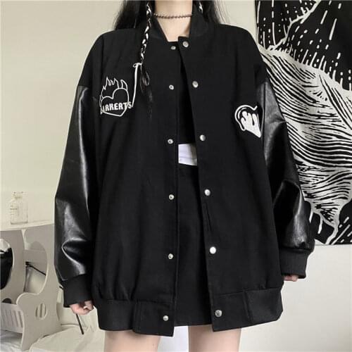 Punk Oversize outerwear women streetwear autumn Korean vintage casual long-sleeved baseball uniform Harajuku chic black jacket