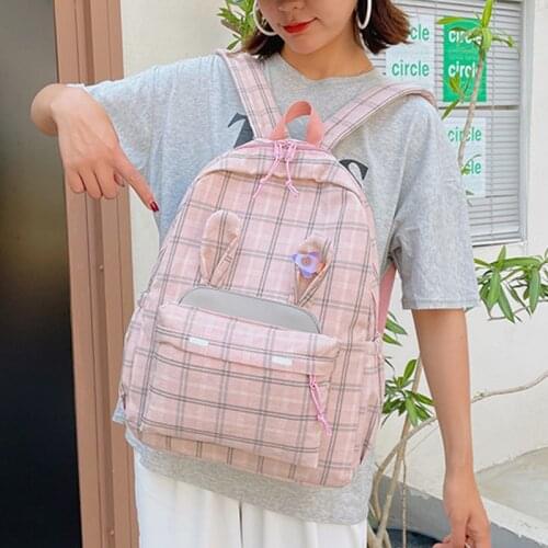 Fashion Rabbit Backpack for Women Student Nylon School Bag Striped Backpacks Preppy Style Bagpack Teenage Girls Packbags Mochila