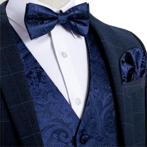 Mens Navy Blue Paisley Silk Wedding Waistcoat Vest For Men Bowtie Hanky Cufflinks Cravat Set for Suit Tuxedo DiBanGu MJ-120