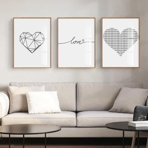 3 Pieces Black White Heart Poster Wall Art Love Quotes Canvas Print Modern Painting Wall Pictures For Living Room Decoration