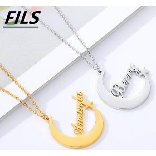 New Trendy Name Necklace For Women Personalized Moon Star Engrave Name Pendant Necklaces Stainless Steel Jewelry Collar de mujer