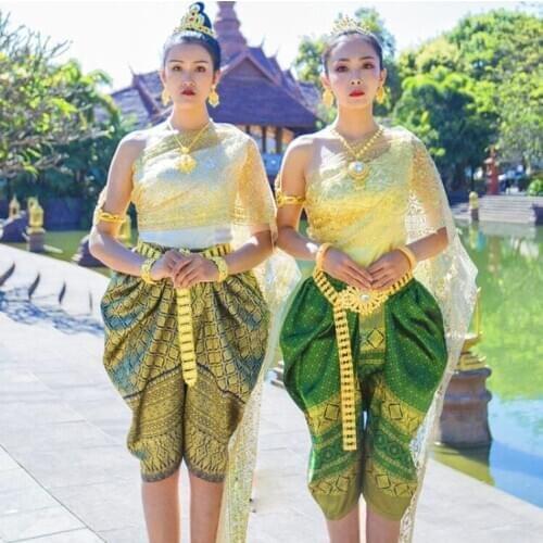 Asian Dai Princess clothing Thailand Style fabrics Water Splashing Festival Outfit womens gilded yarn Jacket + Pants + Shawls