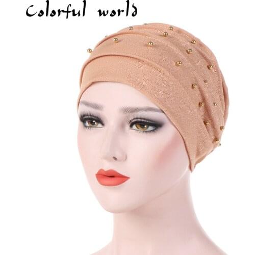 1PC Solid Fashion Women Cotton Beading India Ruffle Turban Elastic Muslim Hat Chemo Cap Headwrap Soft Sleeping Hat Beanie Hijabs