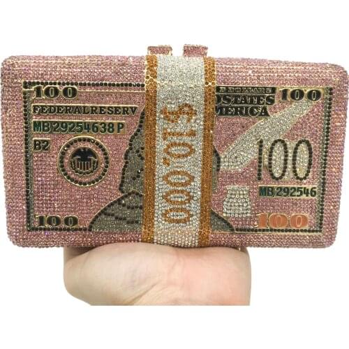 Luxury Trendy Woman Diamond Bling Money Purses US $10,000 Dollar Bill Crystal Stone Purse Money Evening Handbags