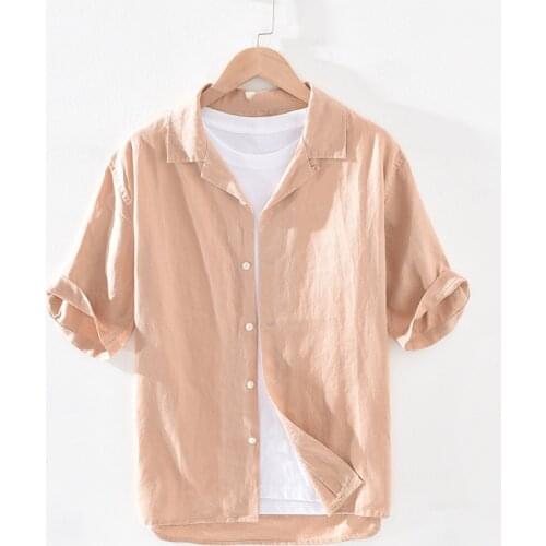 Pink Short Sleeve Shirt for Men Summer New Japanese Fashion Pure Linen Tops Male Turn-down Collar Thin Slim Fit Retro Clothes