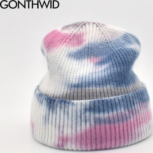 GONTHWID Unisex Knitted Tie Dye Beanies Men Women Brimless Skullcap Streetwear Winter Hip Hop Casual Headwear Bonnets Hats Caps