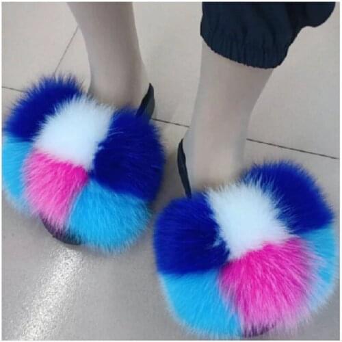 Summer Ladies Fur Slides Cute Fluffy Slippers Furry Women Fur Sandals Plush Fur Flip Flops Fluffy Raccoon Fur Slides Wholesale