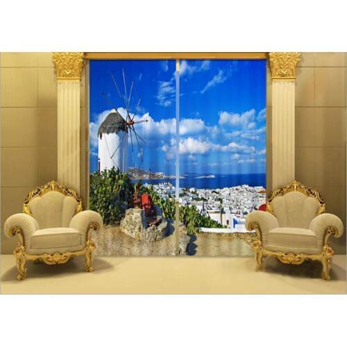 Thermal bedroom Curtains Luxury Blackout Living Room Seaside town pattern 3D Window Cortina Drapes Rideaux Customized pillowcase
