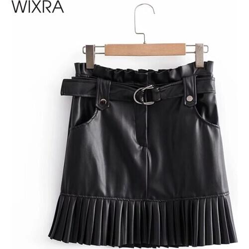 Wixra Womens PU Skirts High Waist Faux Leather Pleating Mini Skirt With Sashes Streetwear Ladies Summer Autumn