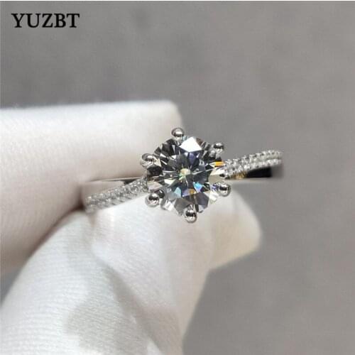 YUZBT Women 925 Silver 1 Carat 6.5mm Gemstone Ring Excellent Cut Diamond Test Past D Color Round Moissanite Ring Wedding Jewelry