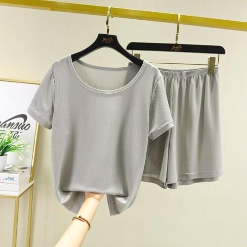 Ice Silk Thin Pajamas For Women New Short Sleeve Shirt + Pant Two Piece Set Casual Home Clothes Screw Thread Pyjamas Female