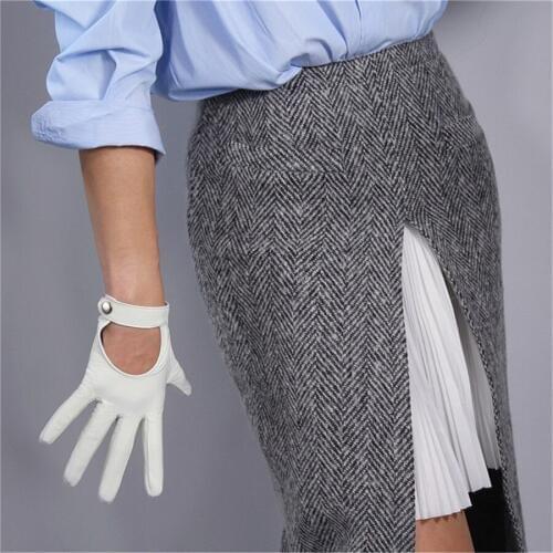 Women White Leather Gloves Pure Sheepskin Locomotive Hand Back Short Button Silk Lining Touch Screen TB04-4