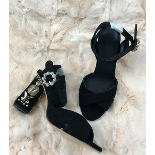 2018 Luxury Crystal Cover Chunky Heel Women Sexy Sandal Fashion Black Suede Leather Ladies Ankle Buckle High Heels Wedding Shoes