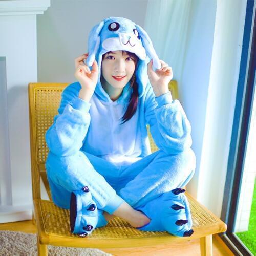 Adult Anime Kigurumi Onesies Rose Blue Rabbit Costume Women Cartoon Animal Bunny Pajamas Onepieces Sleepwear Home Cloths Girl