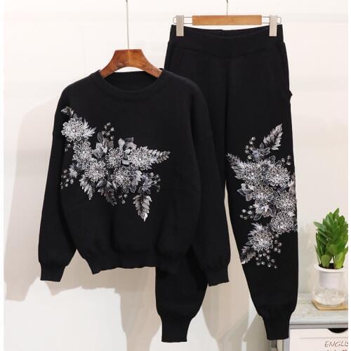 ALPHALMODA 2018 Autumn Winter Womens Fashion Floral Knitting Suits Embroidery 3D Flowers Ladies Stylish Jumper Trousers Sets