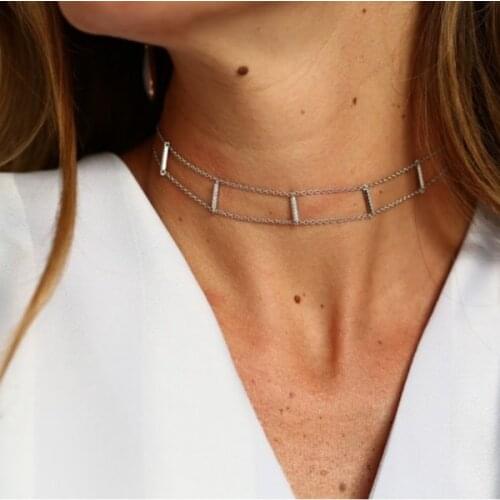 Fashion aaa cz mirco paved 925 sterling silver bar charm choker with double chain setting women wedding choker short necklace