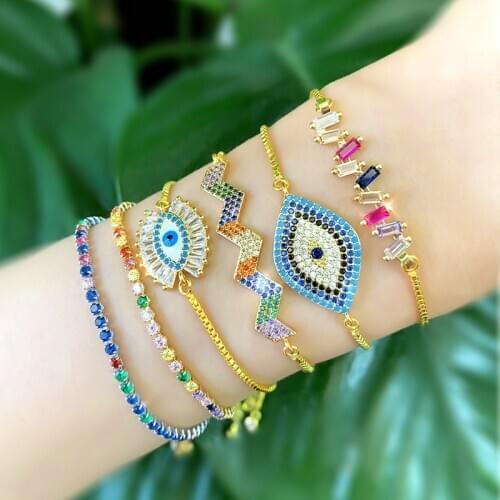 1pcs 2021 Shiny Rainbow CZ Color Zirconium Evil Eye Multi-type Gold Charms Adjustable Link Braclet For Women Men Wedding Gift