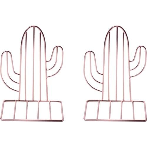 2PCS/Pair Creative Cactus Shaped Metal Bookends Book Support Stand Desk Organizer Storage Holder Shelf-Rose Gold